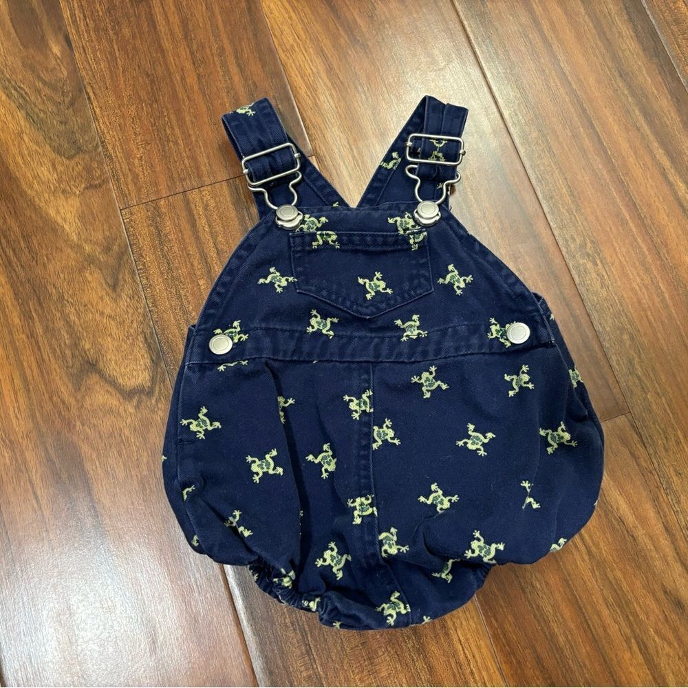First Impressions navy frog overall romper/onesie